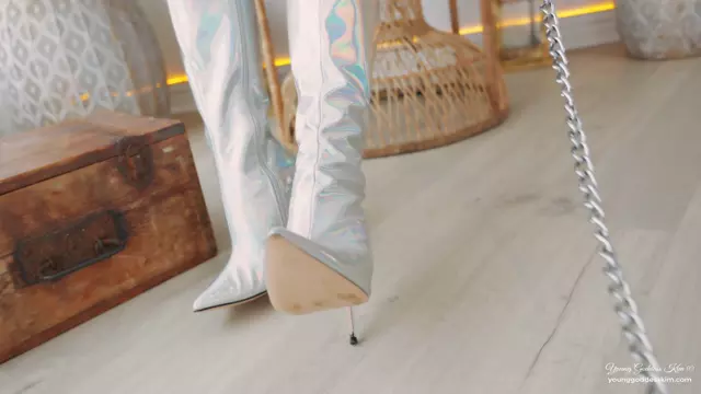 Poster: Young Goddess Kim - Stroke Edge and Lick on Command for Iridescent Blue Goddess Boots (4K)
